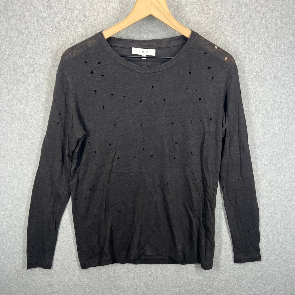 IRO Marvina Long Sleeve Distressed Linen Tee Women S Black Hole Punched EUC
